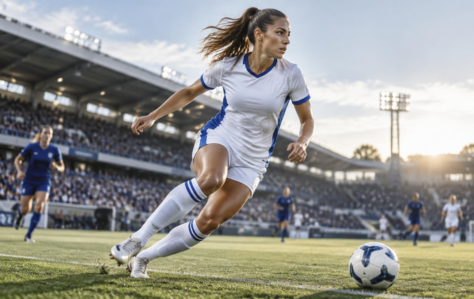 Soccer athlete making an explosive lateral cut during a stadium match