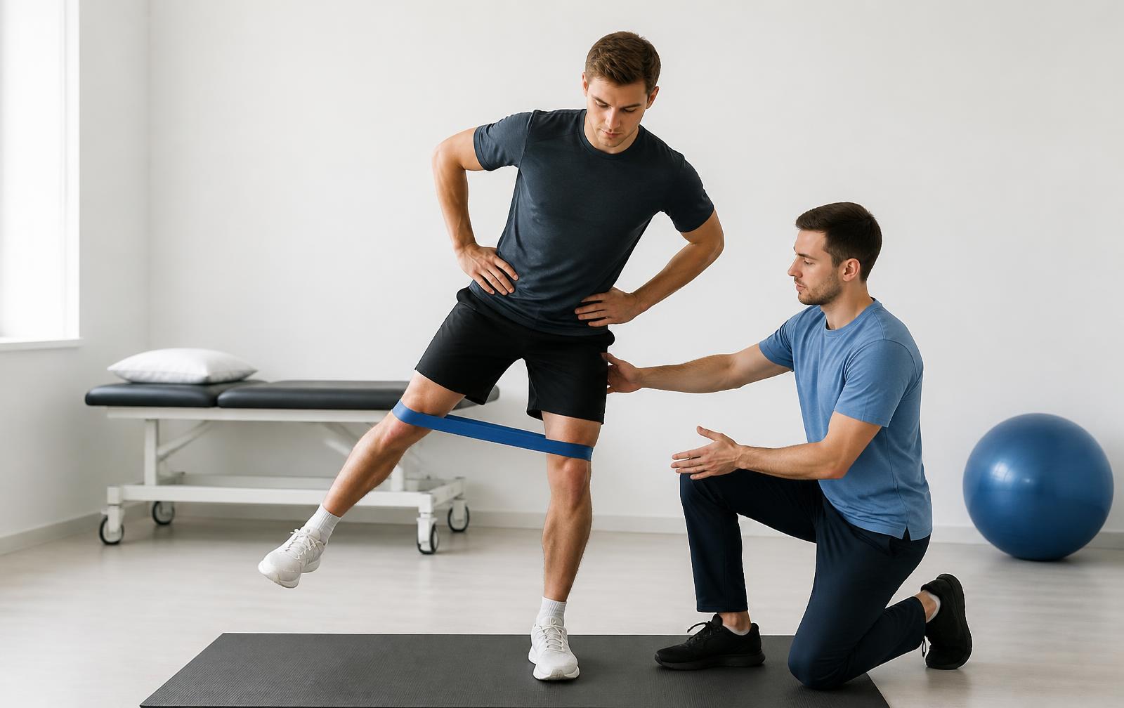 Athlete performing hip strengthening exercise with a therapist