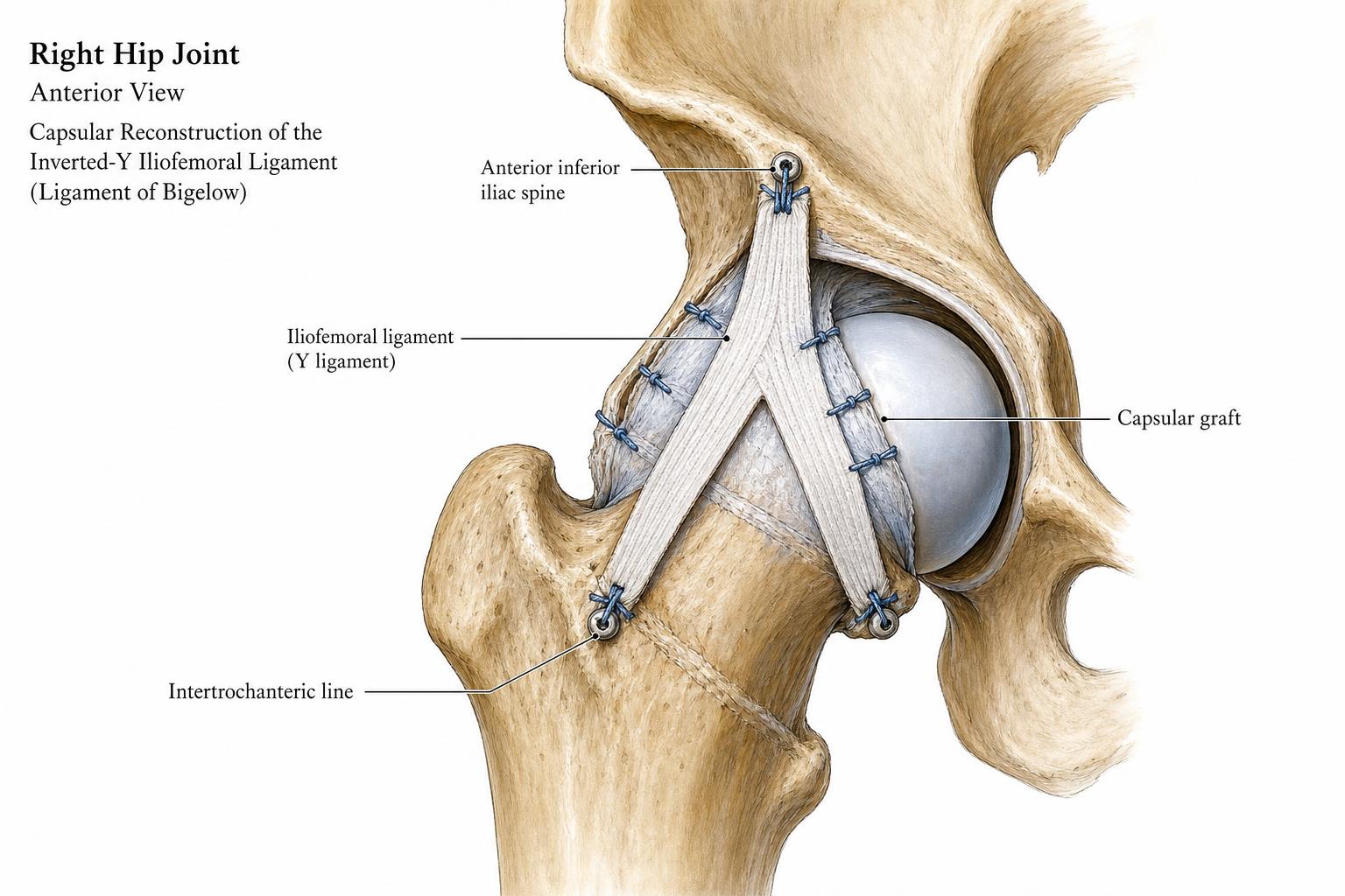 Anatomical schematic of hip capsular reconstruction rebuilding the inverted-Y iliofemoral ligament