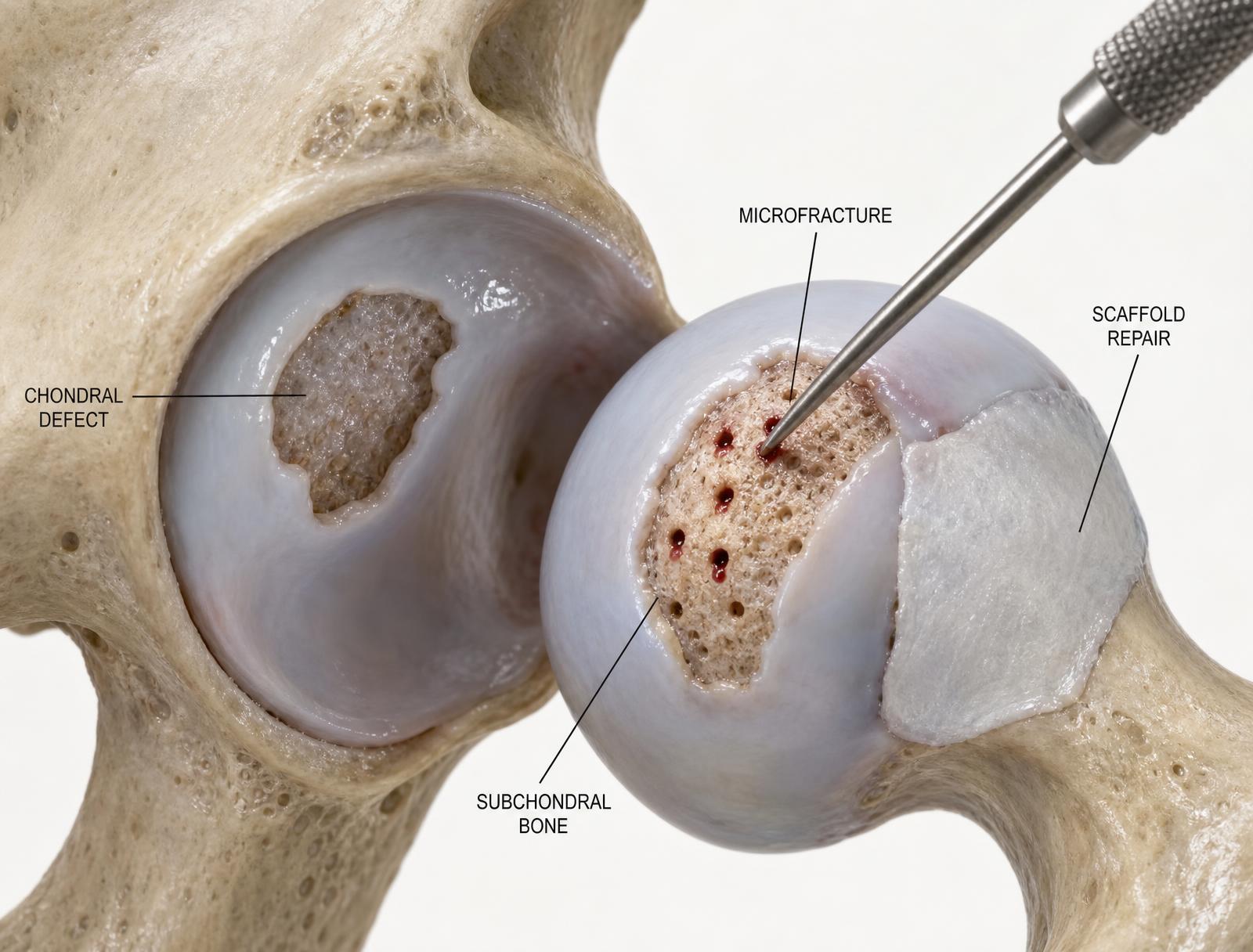 Anatomical schematic of hip cartilage preservation with microfracture and scaffold repair