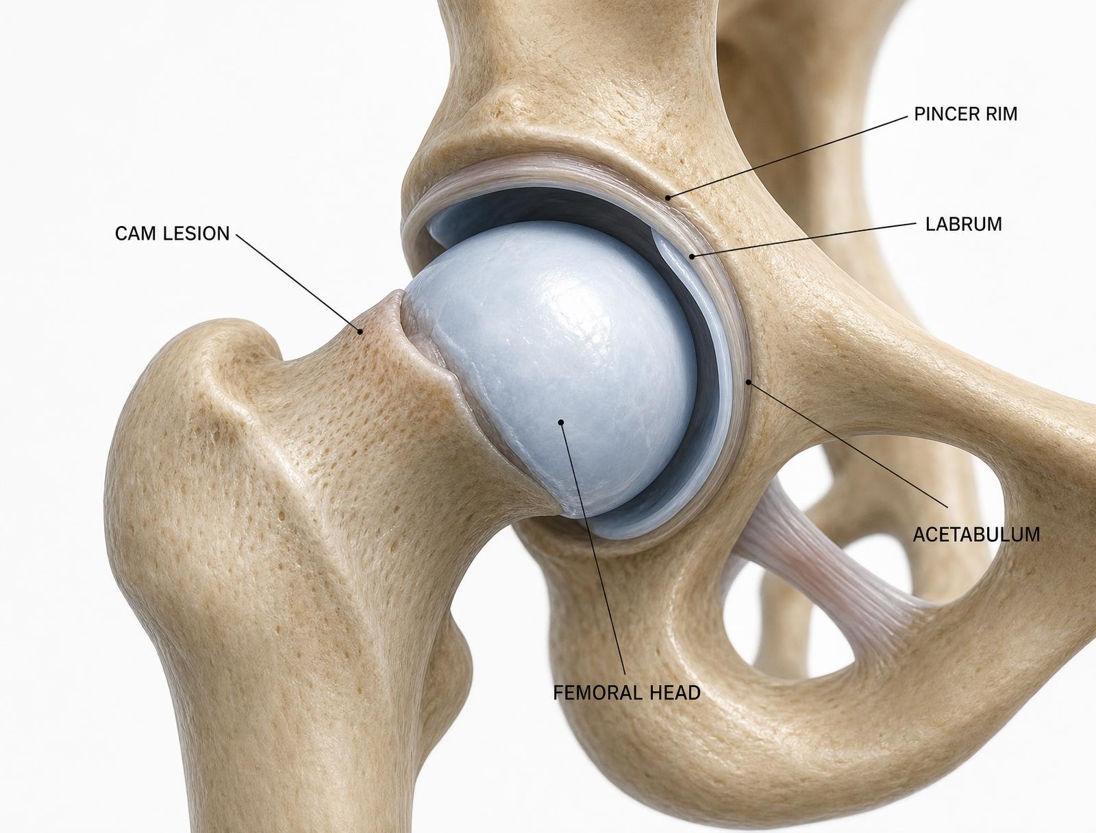 Anatomical schematic of cam and pincer femoroacetabular impingement of the hip