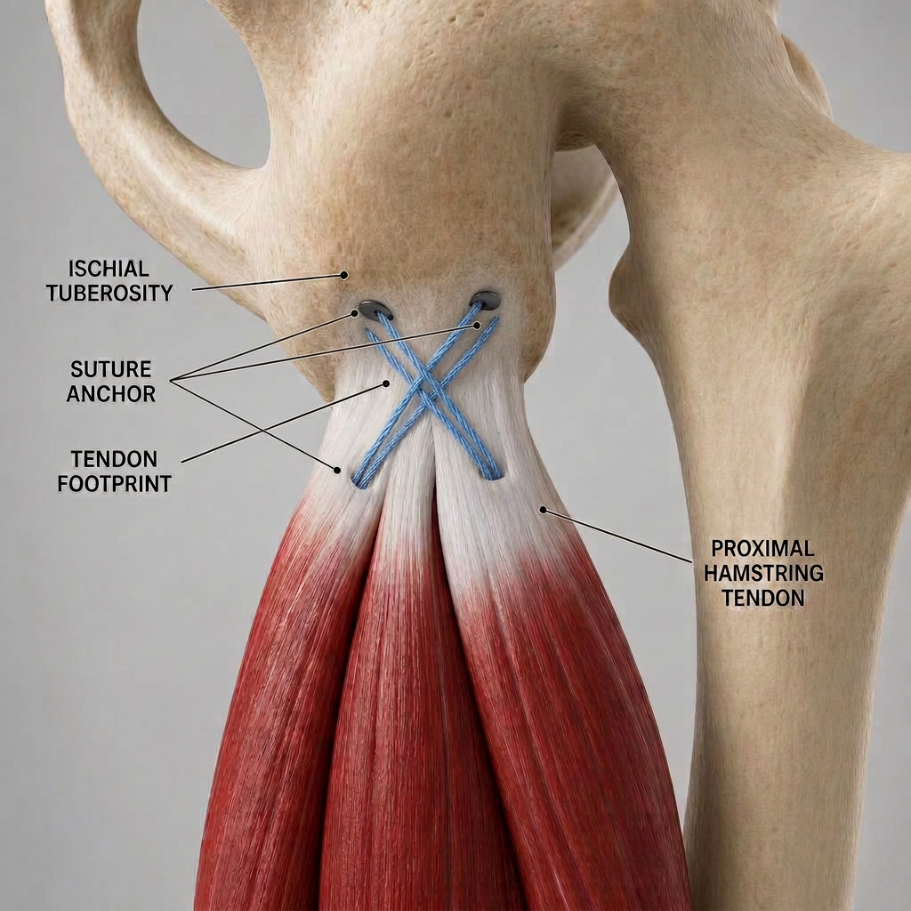 Anatomical schematic of proximal hamstring repair with suture anchors at the ischial tuberosity