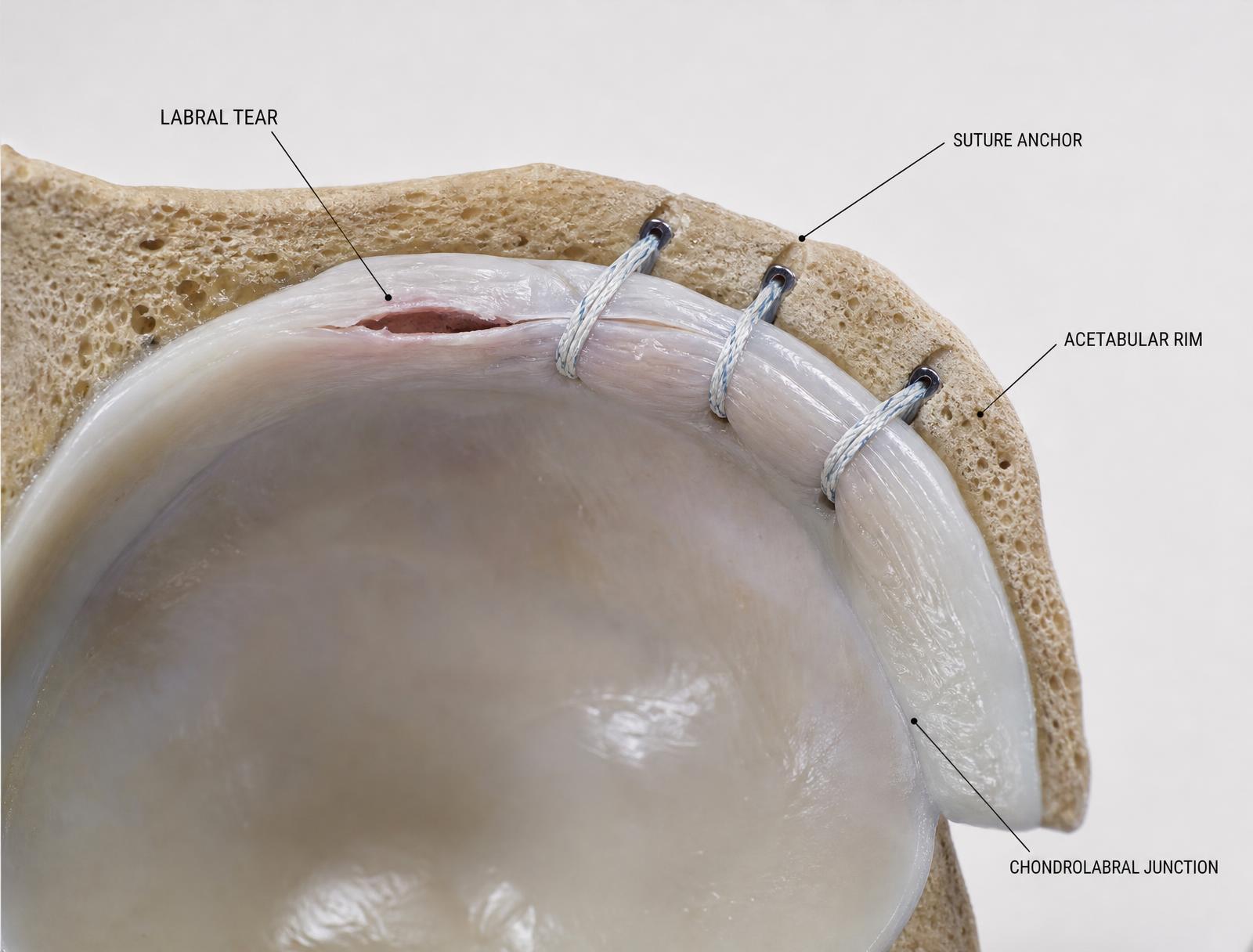 Anatomical schematic of hip labral repair with suture anchors in the acetabular rim