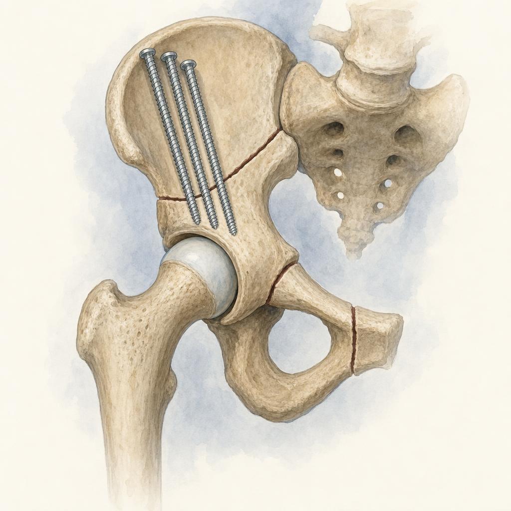Anatomical schematic of periacetabular osteotomy reorienting a dysplastic acetabulum