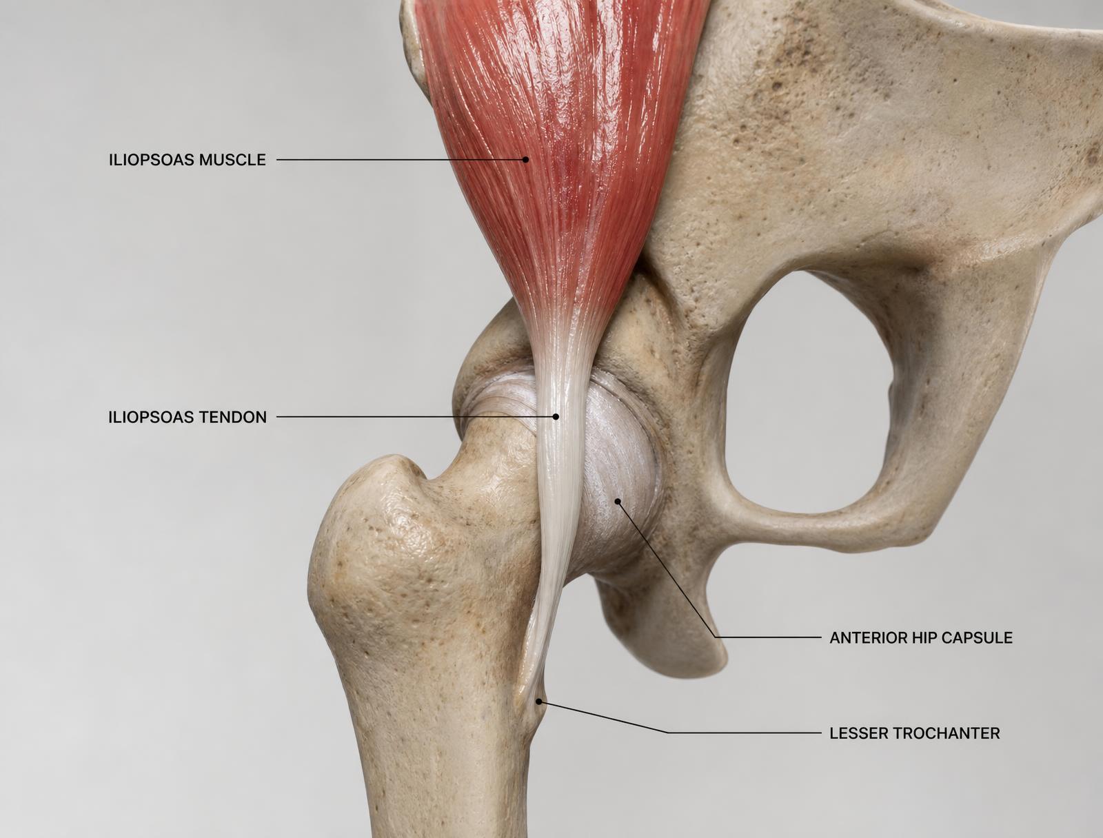 Anatomical illustration of the iliopsoas hip flexor tendon crossing the anterior hip capsule to the lesser trochanter