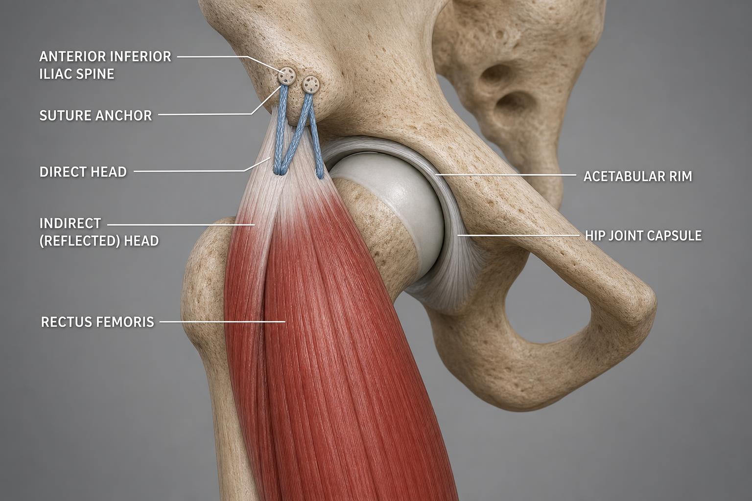 Anatomical illustration of rectus femoris direct and indirect (reflected) head repair at the anterior inferior iliac spine