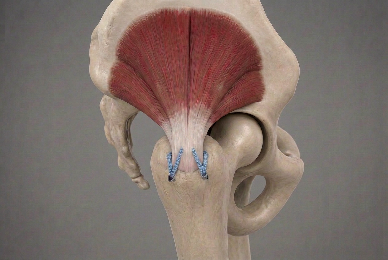 Anatomical schematic of gluteal abductor tendon repair with double-row suture anchors at the three-facet greater trochanter